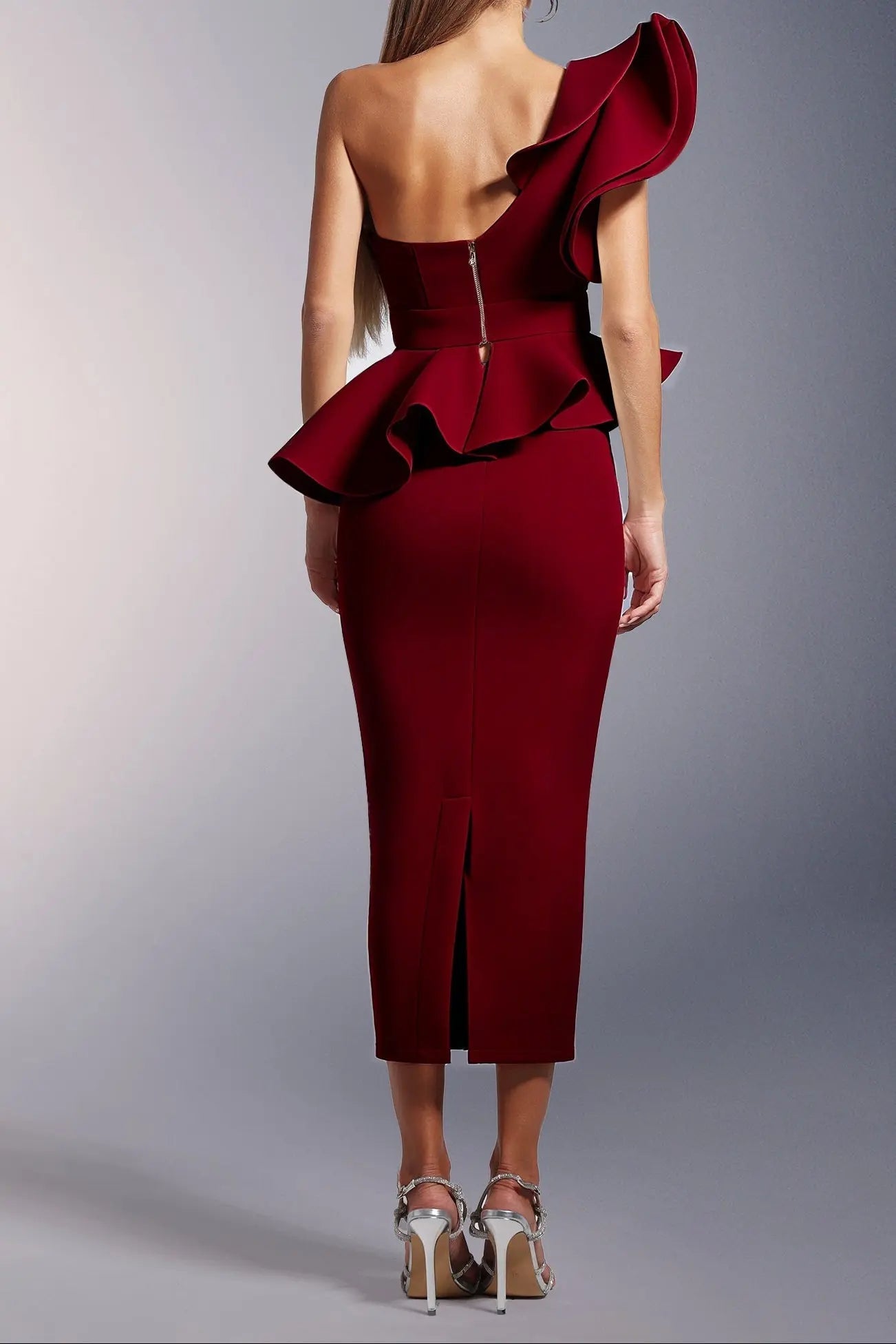One Shoulder Asymmetry Red Midi Set