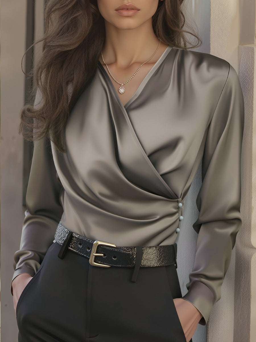 Brown Lace Up Satin BlouSequin with a Fit and V-neck Design