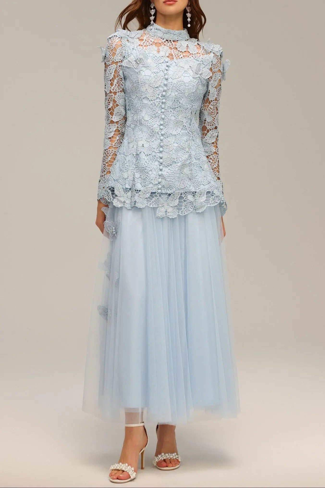 Blue Long Sleeve Folds Lace Top And Skirt Two-Piece Set