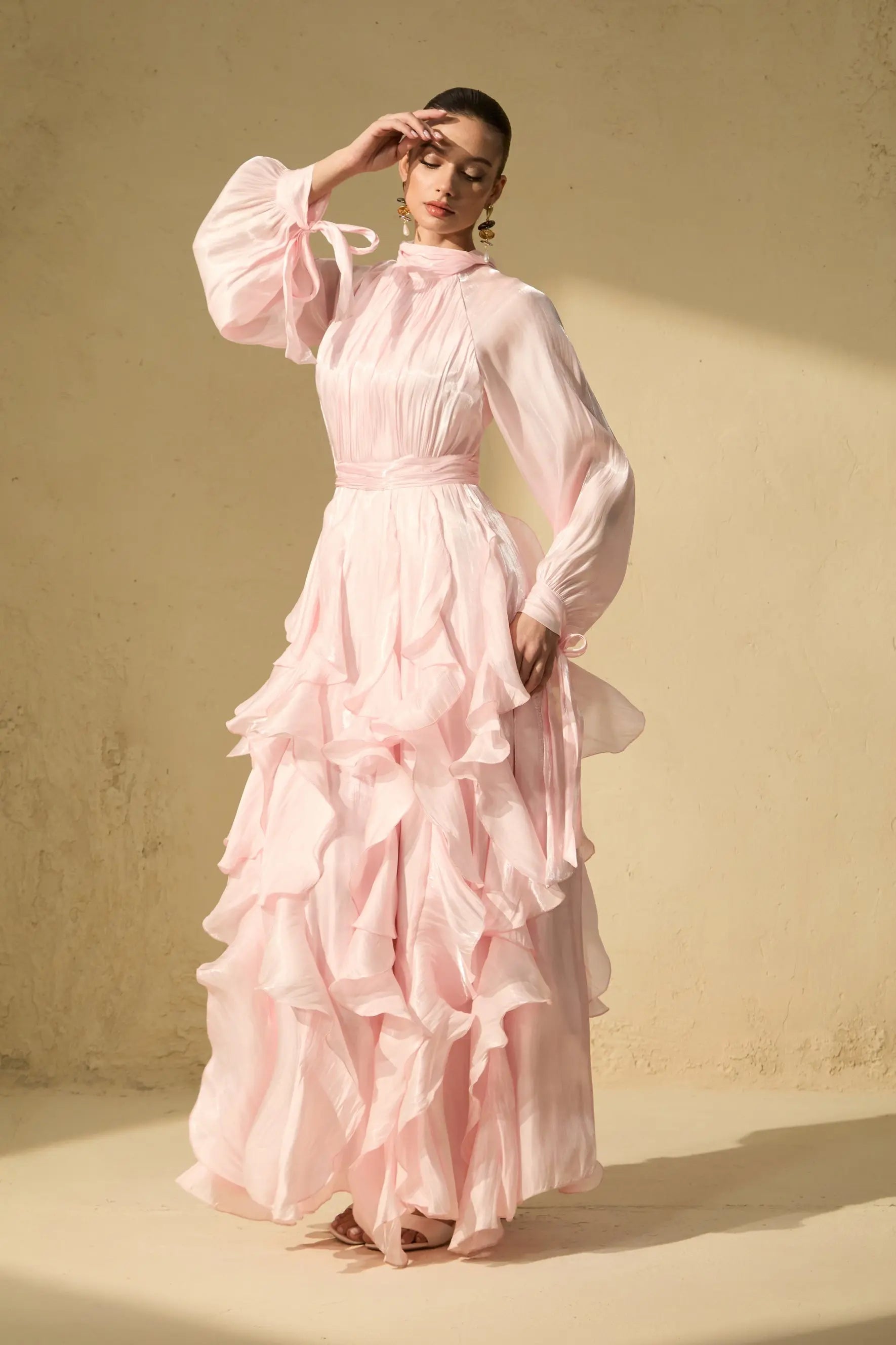 Puff Sleeve Ruffle Trim Maxi Dress in Pink