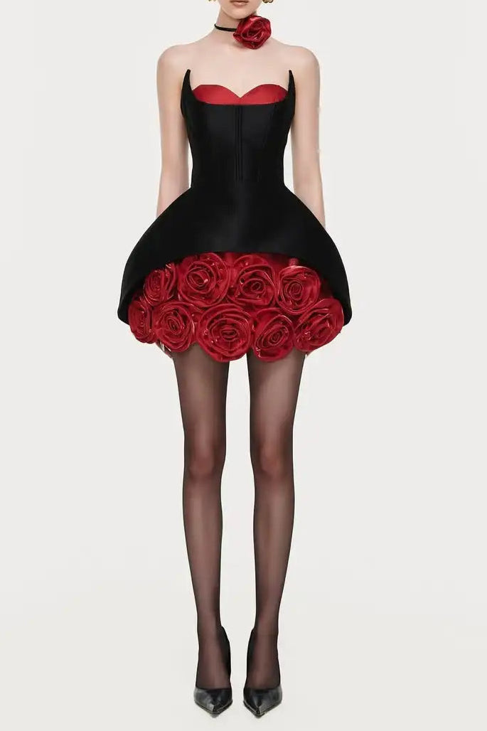 Rose Flower Ruffled Floral Mini Dress in Red