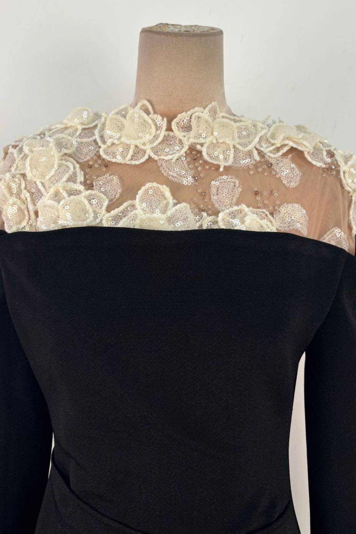 Sequin 3D Floral Sheer Shoulder Long Sleeve Black Dress