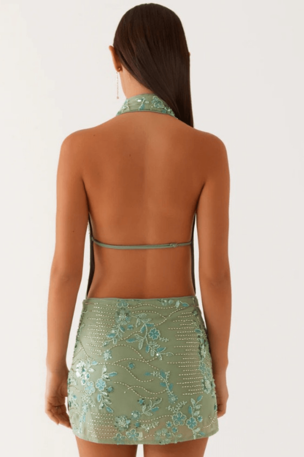 Green Embroidered Halter Mini Dress