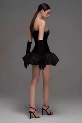 Crystal Embellished Black Dress With Voluminous Satin Hem