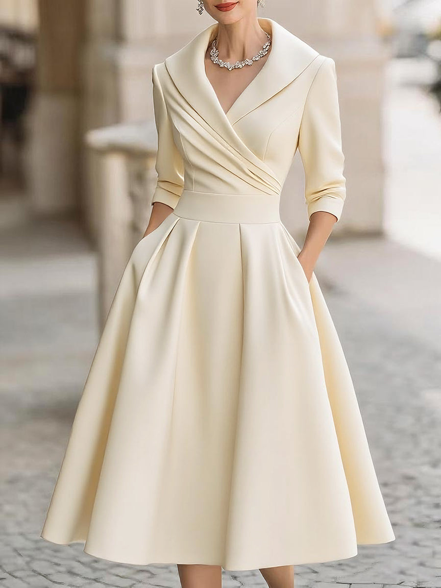 Vintage-Inspired Satin Midi Dress With Collar
