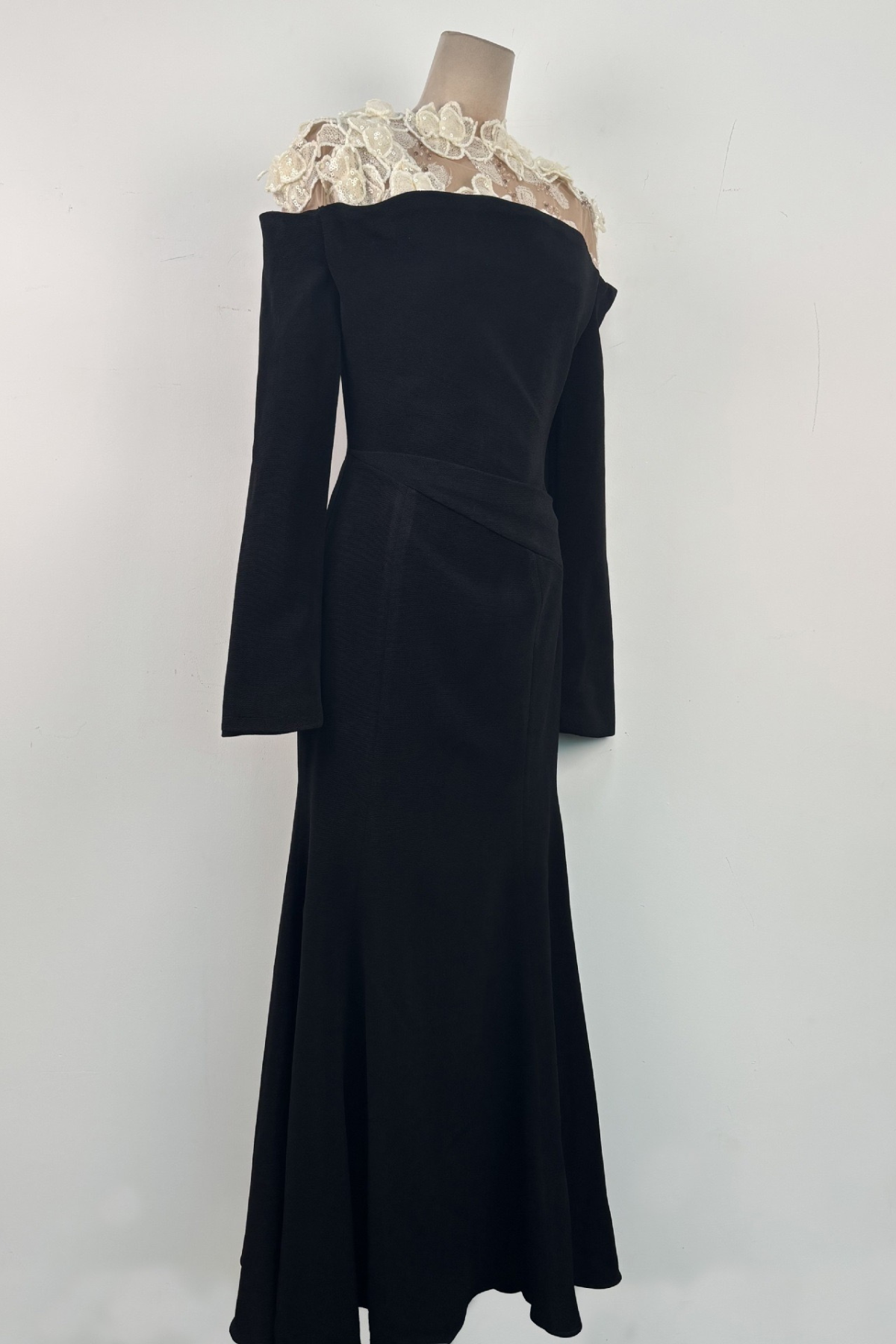 Sequin 3D Floral Sheer Shoulder Long Sleeve Black Dress