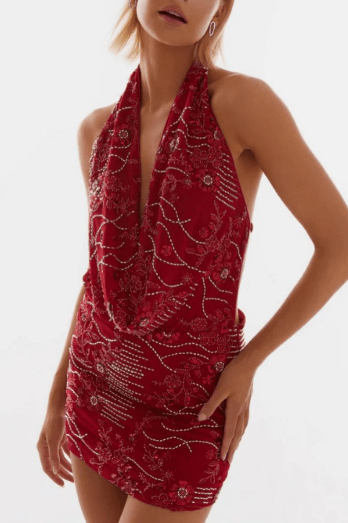 Red Embroidered Halter Mini Dress