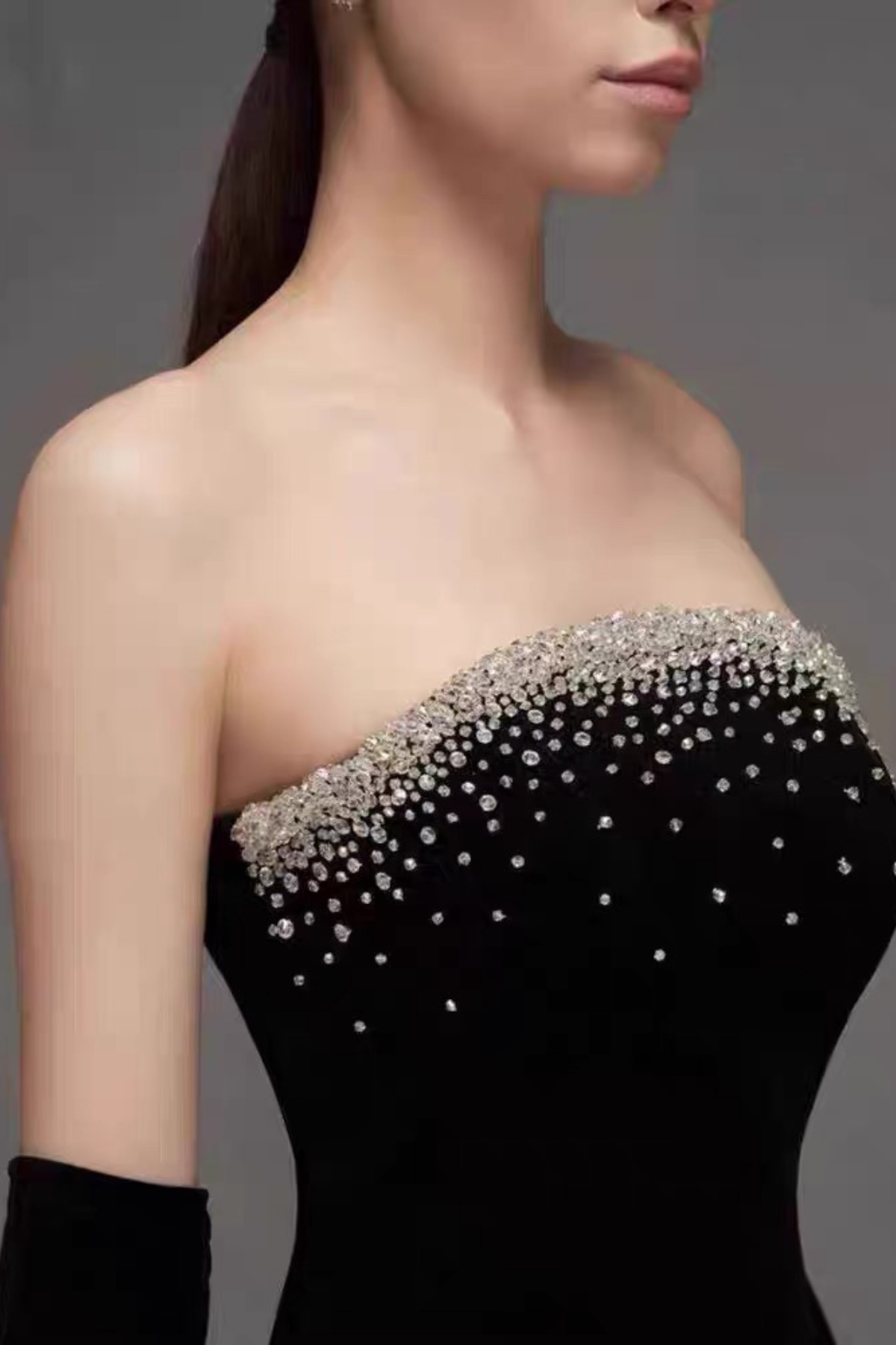 Crystal Embellished Black Dress With Voluminous Satin Hem