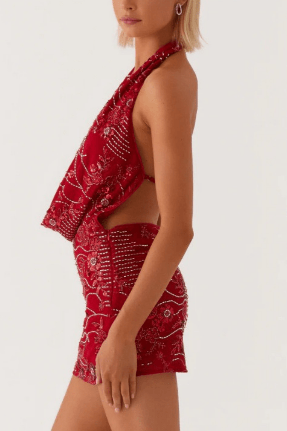 Red Embroidered Halter Mini Dress