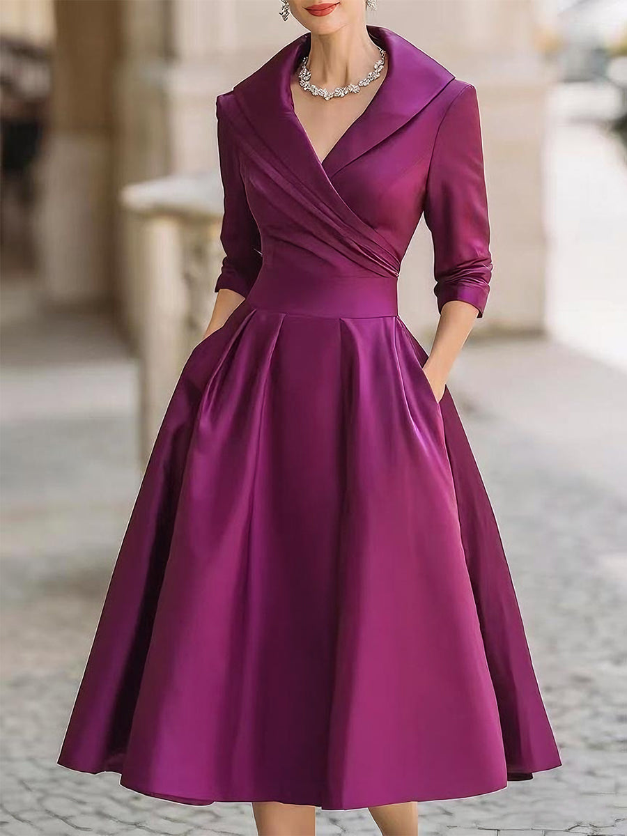 Vintage-Inspired Satin Midi Dress With Collar