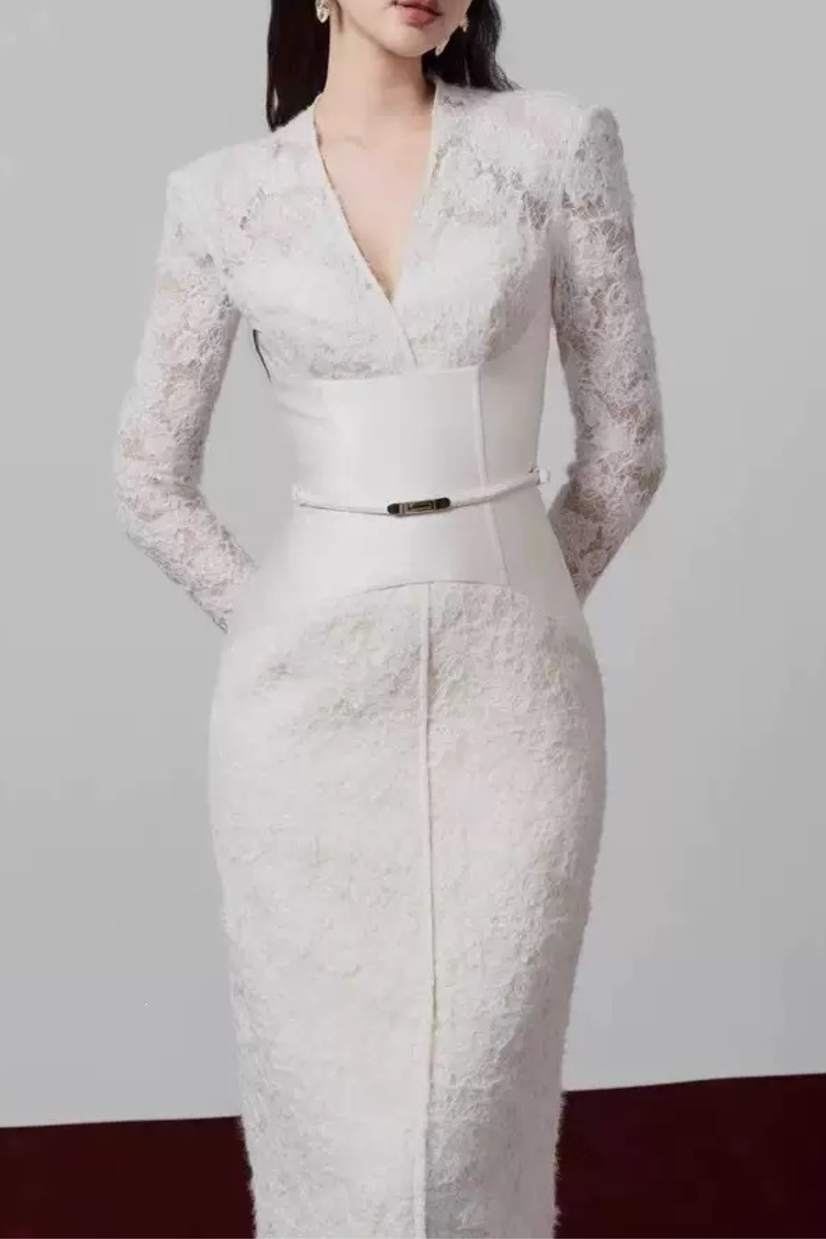 Lace Satin Belt Long Sleeve V-Neck Midi Dress