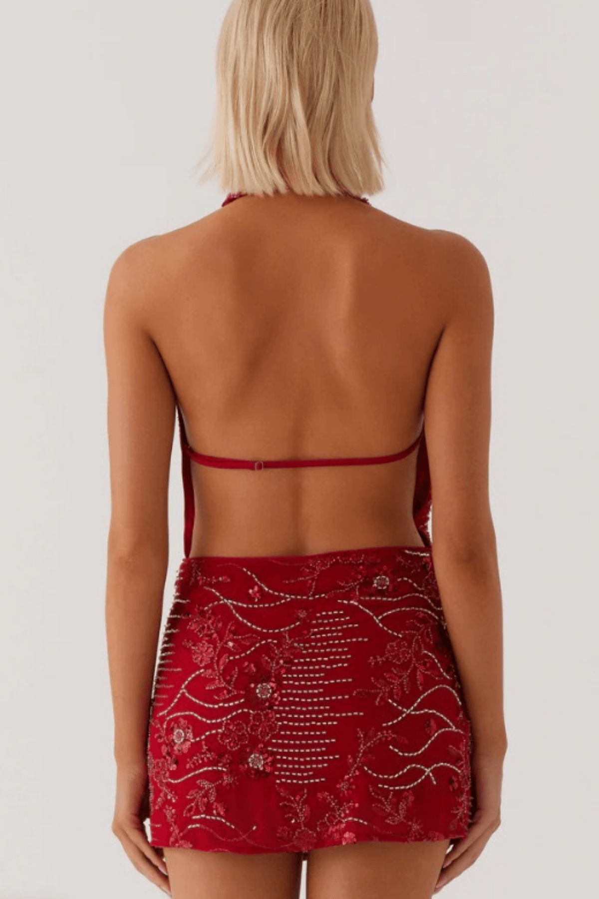 Red Embroidered Halter Mini Dress