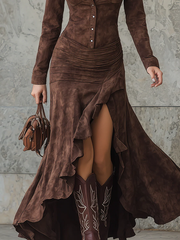 Retro Brown Ruffle Long Dress