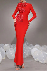 3D Flower Bandage Maxi Dress in Red