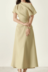 Asymmetrical Off Shoulder Ruched Waist Midi Dress