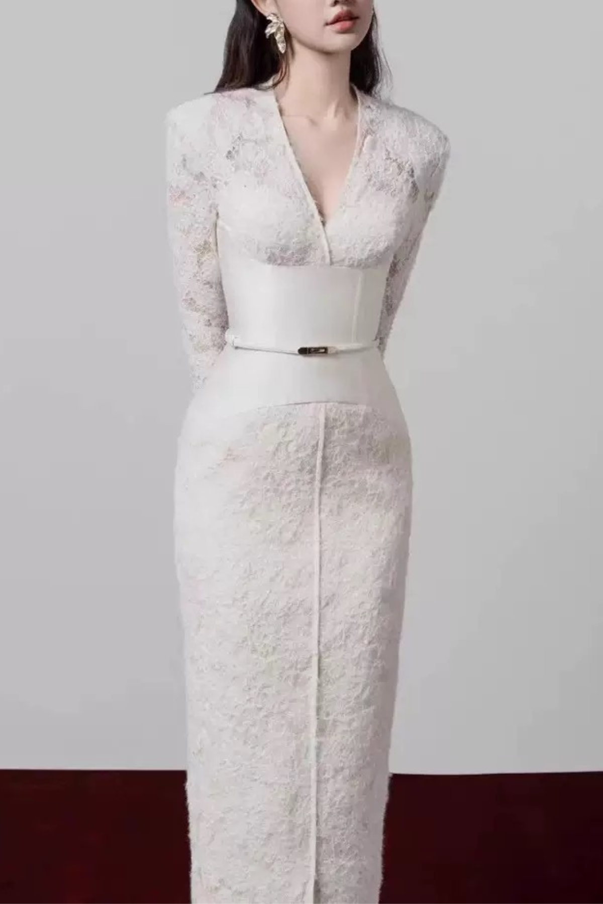 Lace Satin Belt Long Sleeve V-Neck Midi Dress