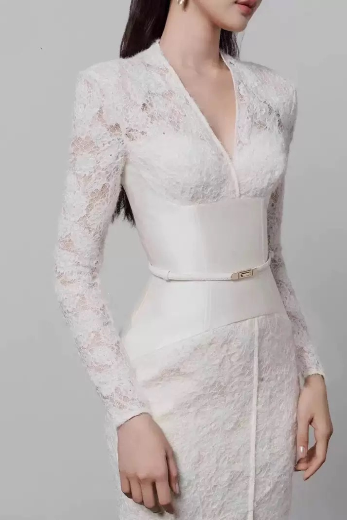 Lace Satin Belt Long Sleeve V-Neck Midi Dress