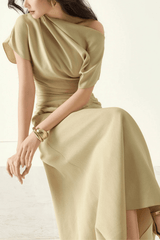 Asymmetrical Off Shoulder Ruched Waist Midi Dress