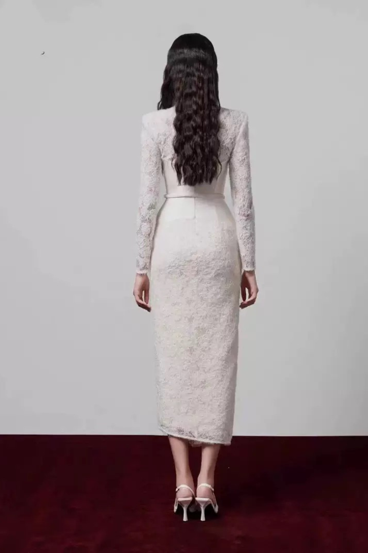 Lace Satin Belt Long Sleeve V-Neck Midi Dress