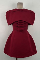 Red Cape Sleeve Ruched Mini Dress