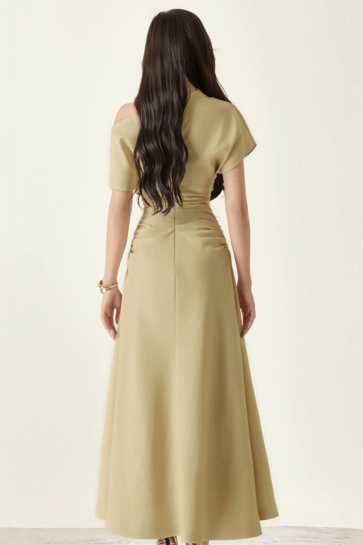 Asymmetrical Off Shoulder Ruched Waist Midi Dress