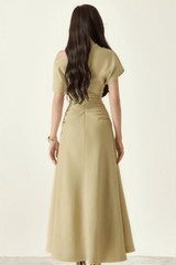 Asymmetrical Off Shoulder Ruched Waist Midi Dress