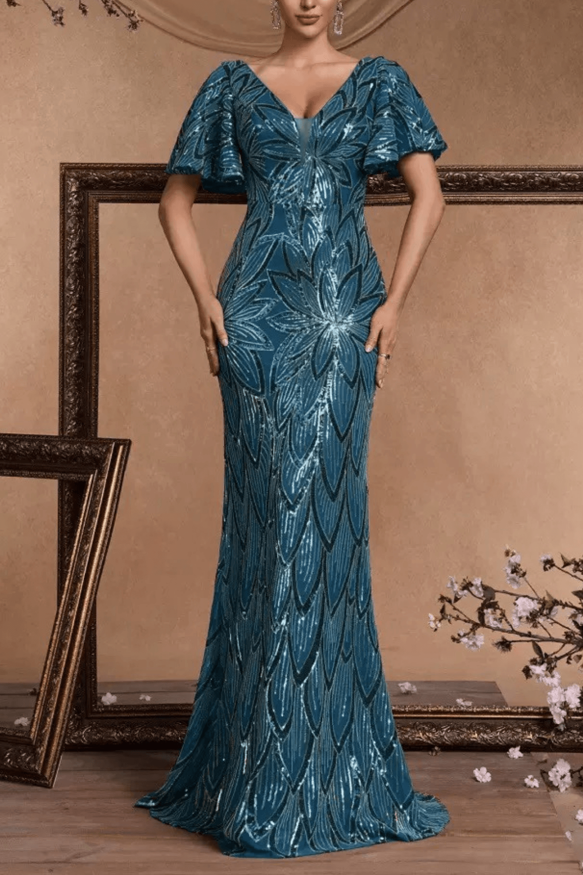 Sequin V-Neck Flutter Sleeve Formal Dress