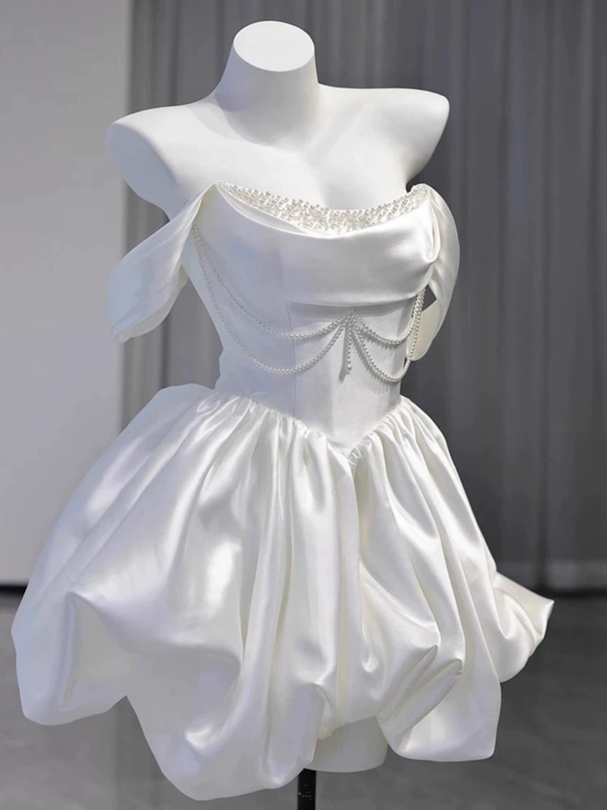 White Satin Off Shoulder Mini Dress