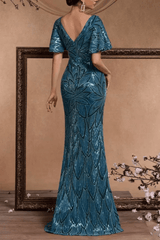 Sequin V-Neck Flutter Sleeve Formal Dress