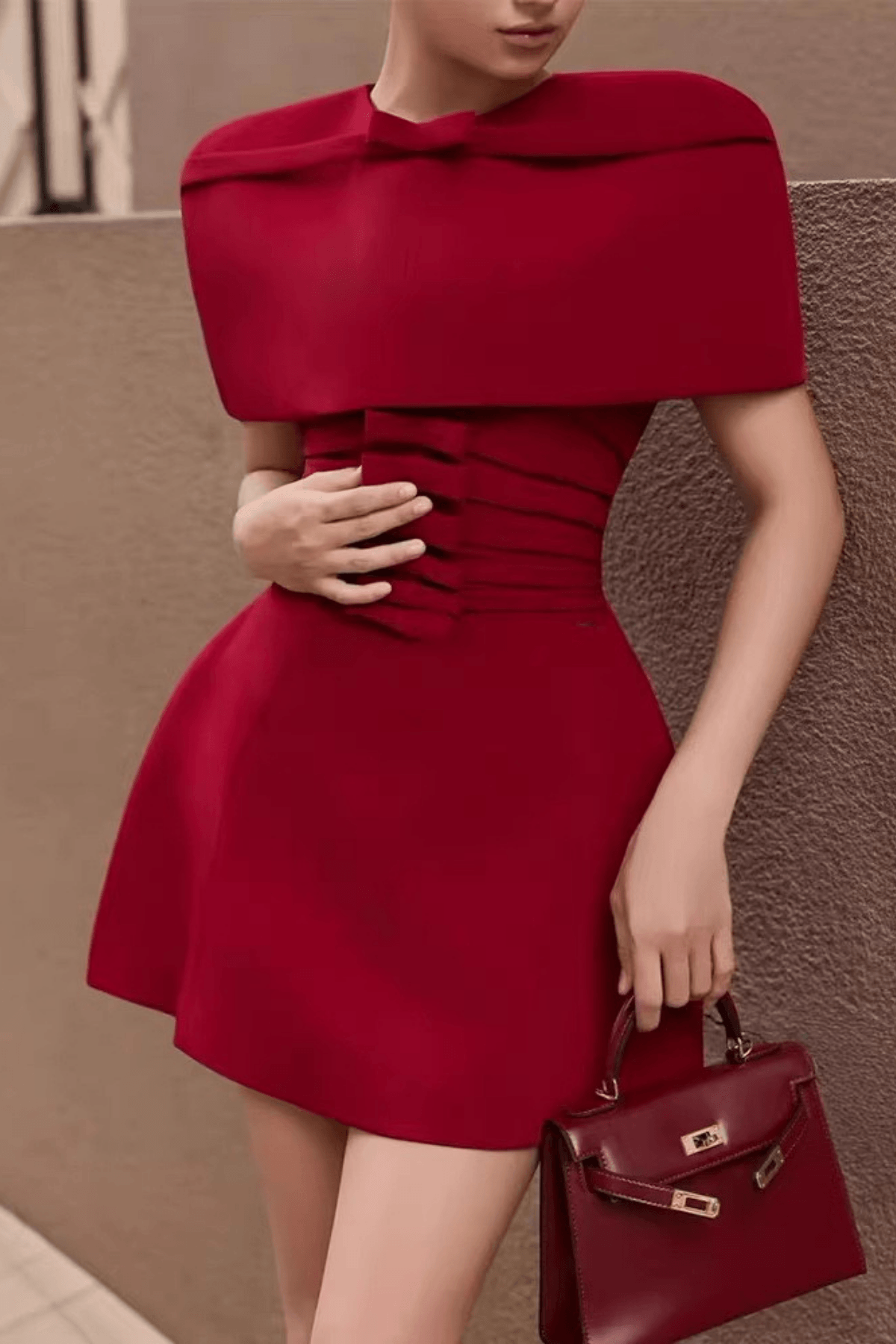 Red Cape Sleeve Ruched Mini Dress