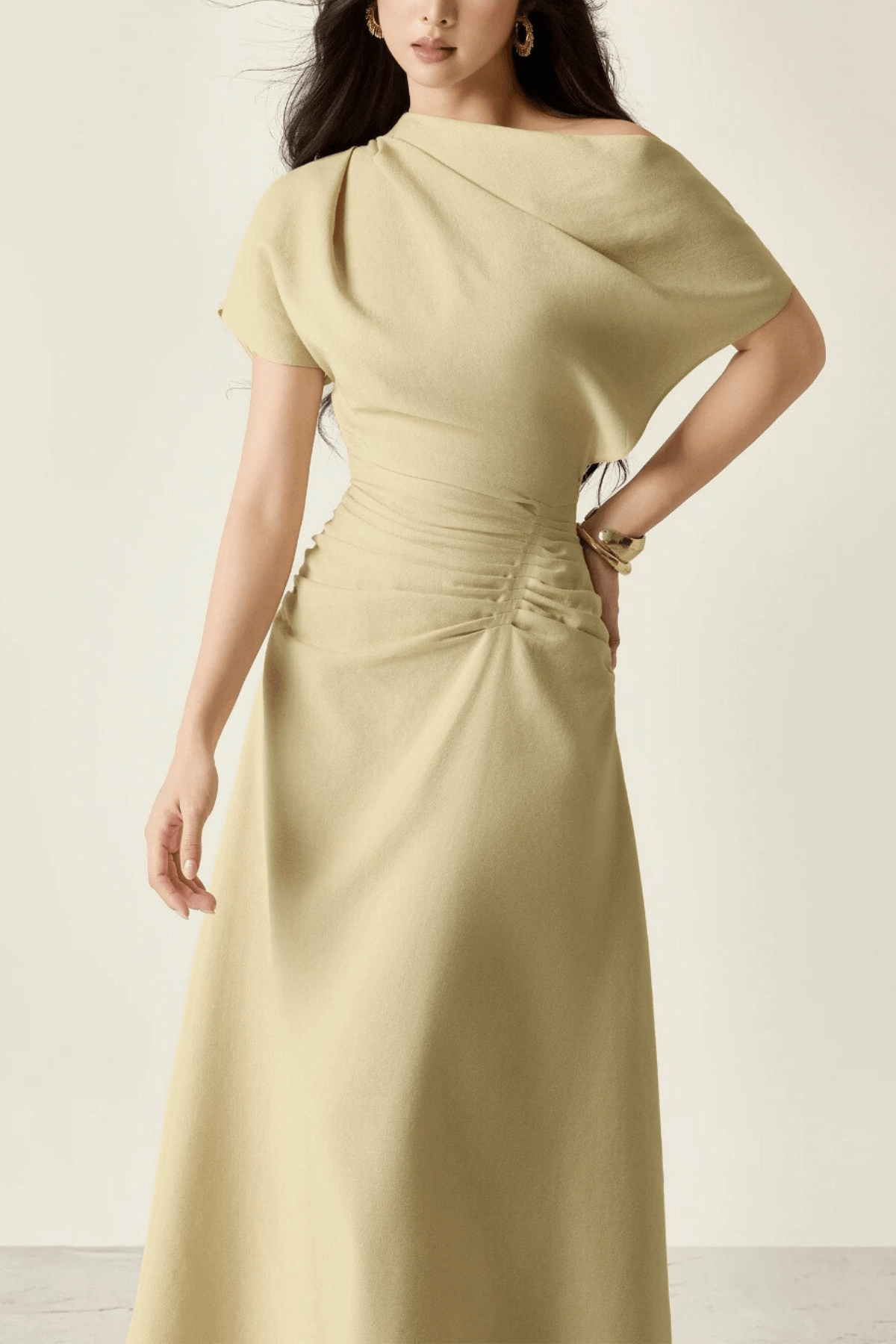 Asymmetrical Off Shoulder Ruched Waist Midi Dress
