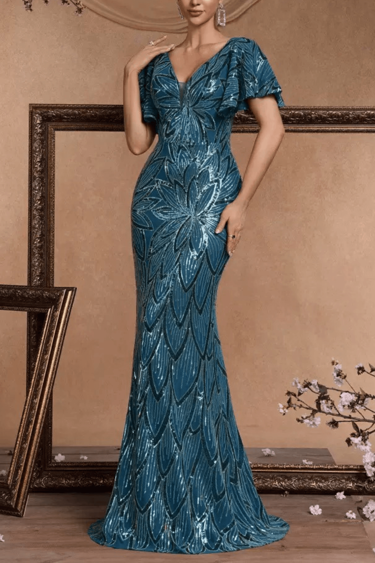 Sequin V-Neck Flutter Sleeve Formal Dress