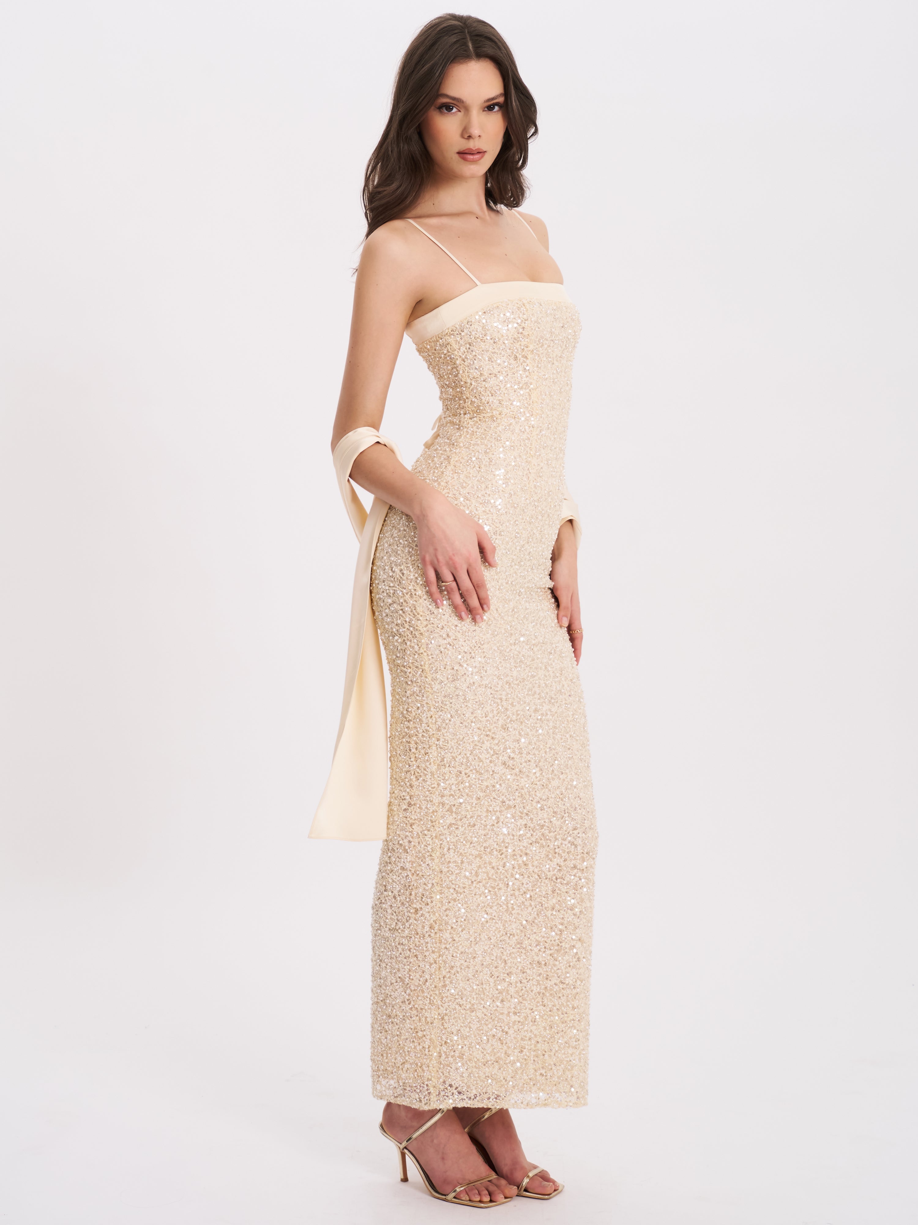 Gold Sequin Bodycon Gown with Scarf