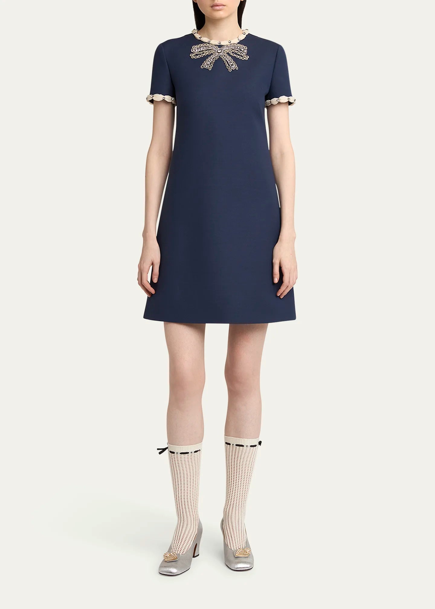 Rhinestone Embroidered Crepe Mini Dress in Navy Blue
