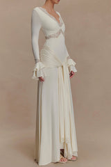 V-Neck Lace See-Through Maxi Dress in White