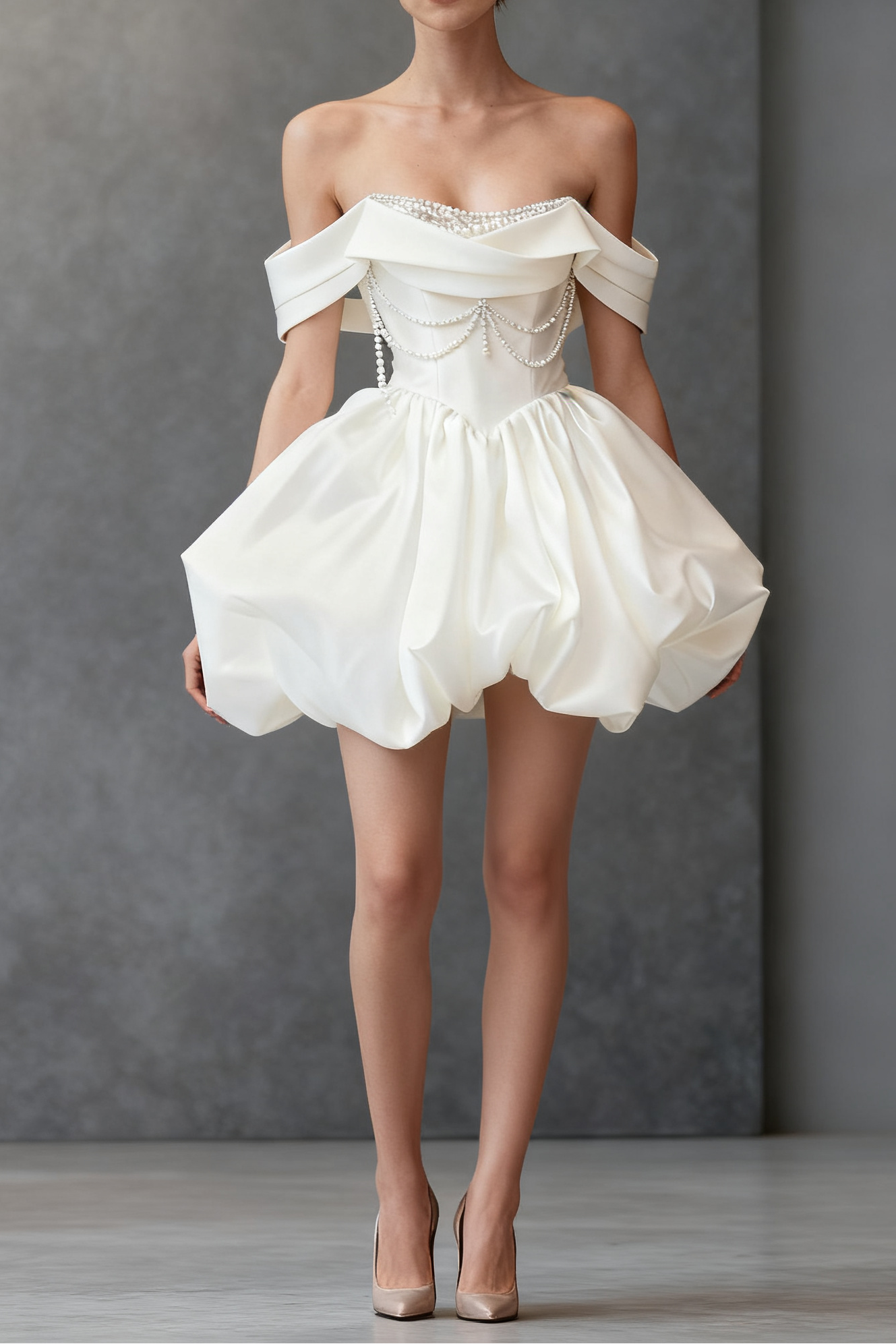 White Satin Off Shoulder Mini Dress