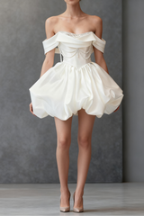 White Satin Off Shoulder Mini Dress