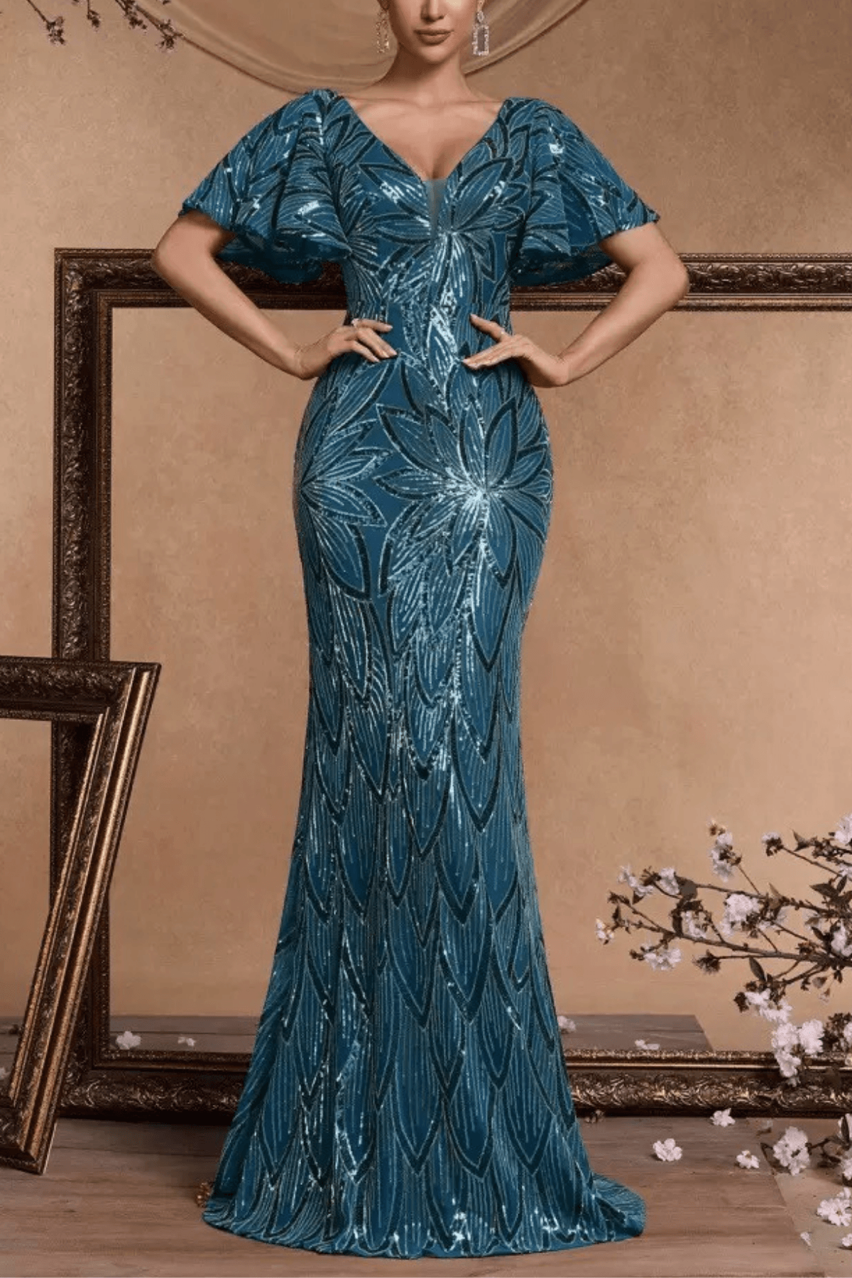 Sequin V-Neck Flutter Sleeve Formal Dress