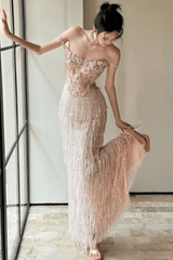 Off-Shoulder 3D Floral Fringe Maxi Dress