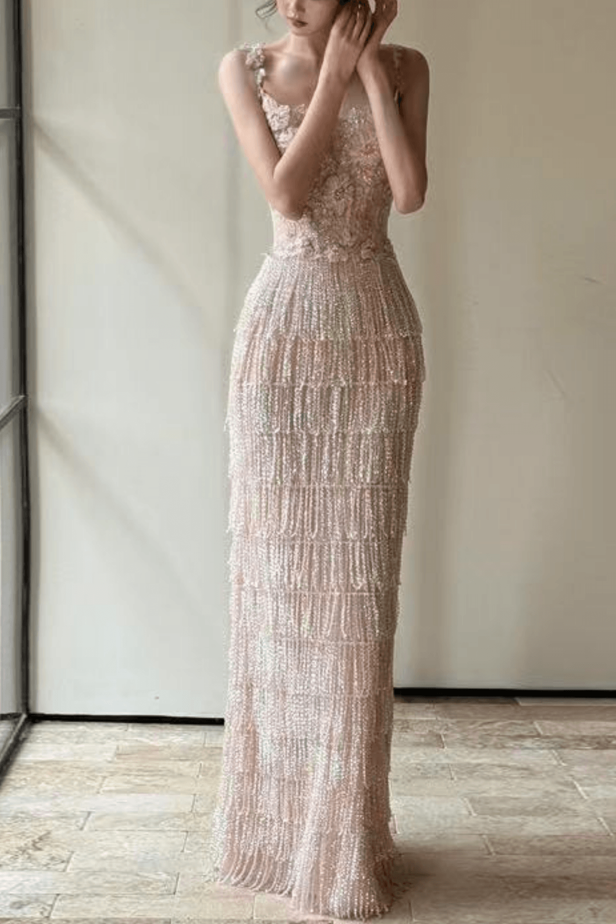 Off-Shoulder 3D Floral Fringe Maxi Dress