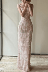 Off-Shoulder 3D Floral Fringe Maxi Dress
