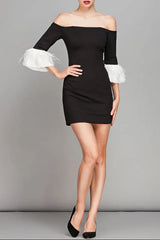 Feather Sleeve Mini Dress in Black