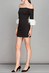 Feather Sleeve Mini Dress in Black