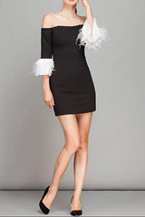 Feather Sleeve Mini Dress in Black