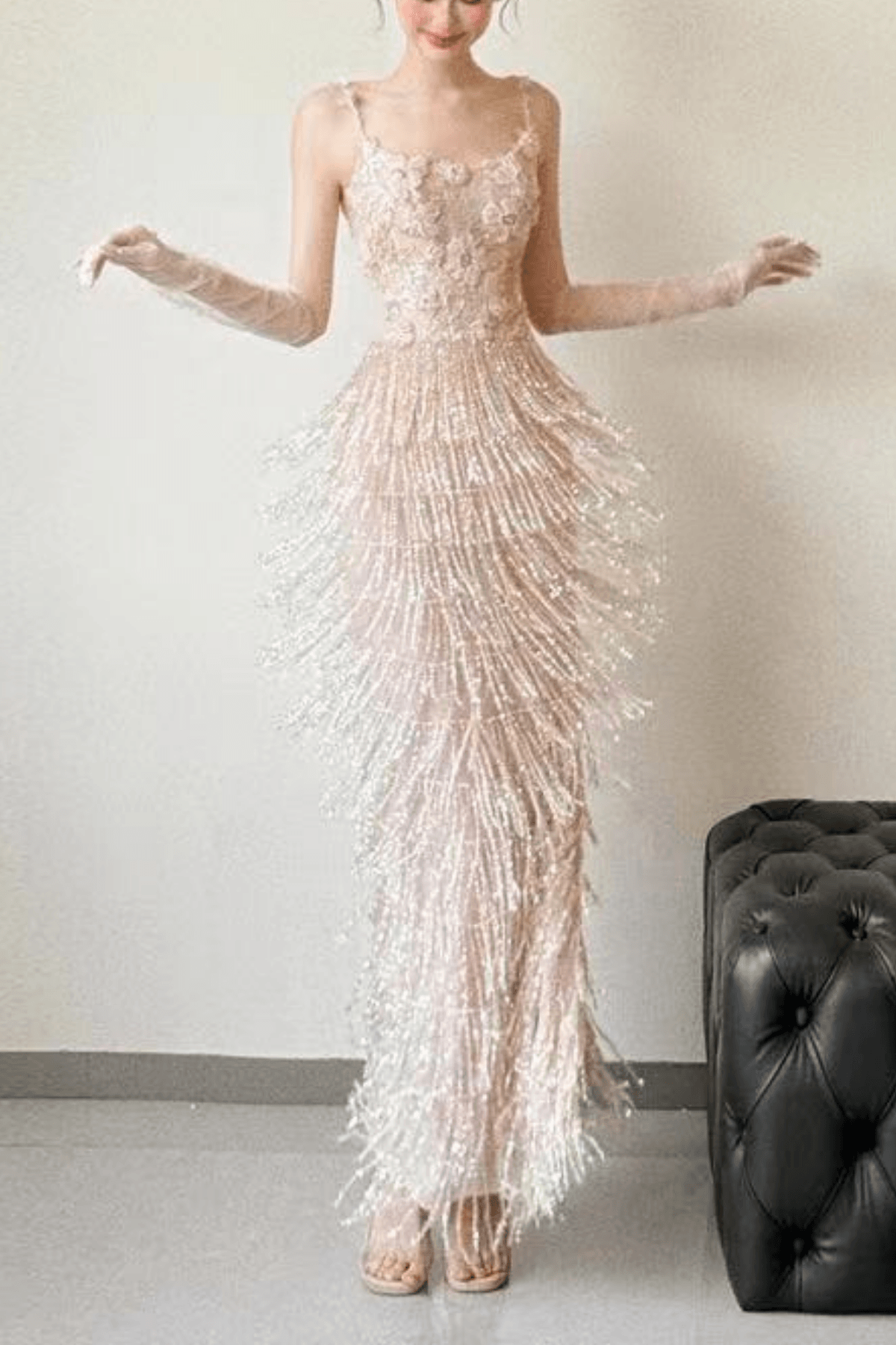 Off-Shoulder 3D Floral Fringe Maxi Dress