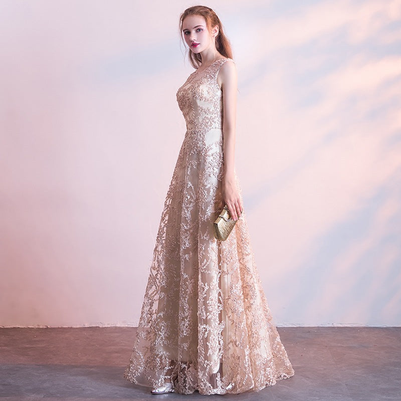 Queena Champagne Long Evening Gown Suitable for Banquets Maxi Dress