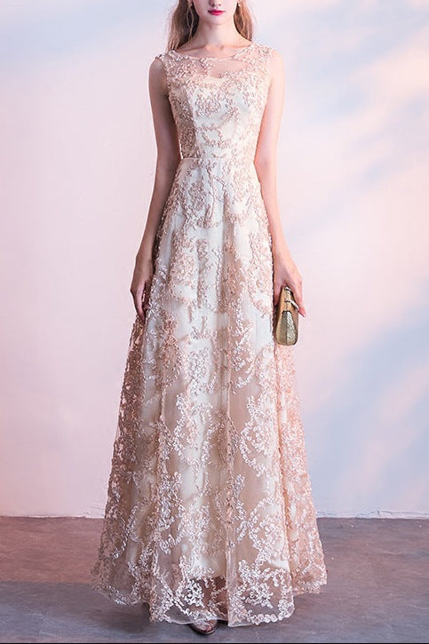 Queena Champagne Long Evening Gown Suitable for Banquets Maxi Dress