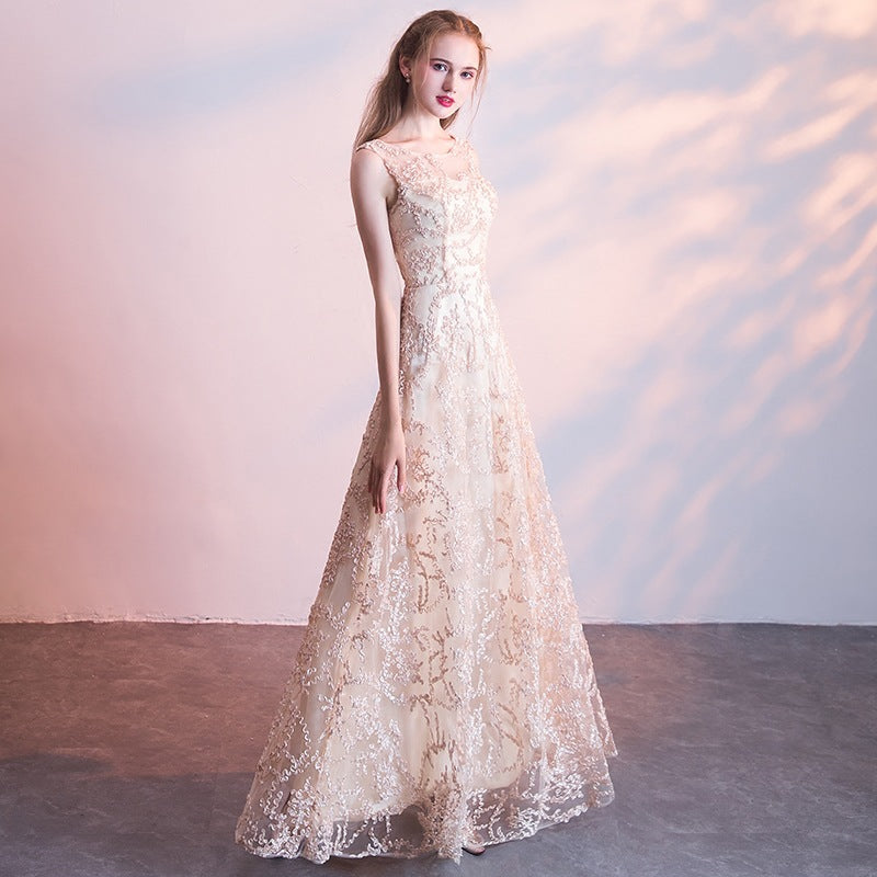 Queena Champagne Long Evening Gown Suitable for Banquets Maxi Dress