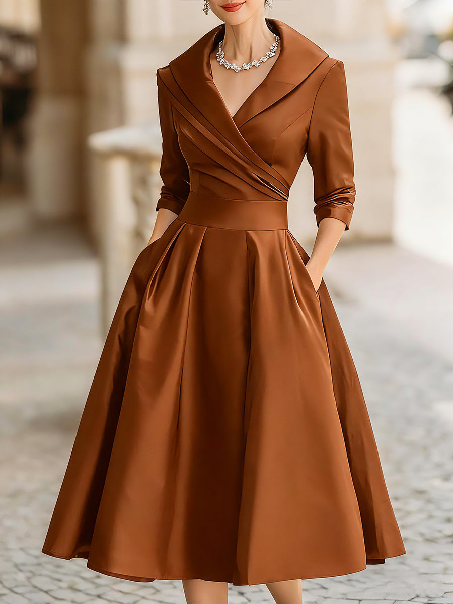 Vintage-Inspired Satin Midi Dress With Collar