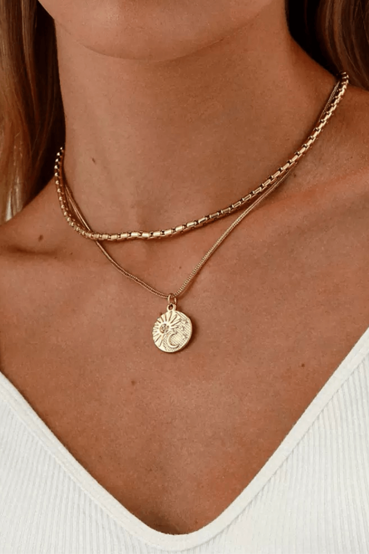 Sun Moon Coin Pendant Layered Gold Necklace